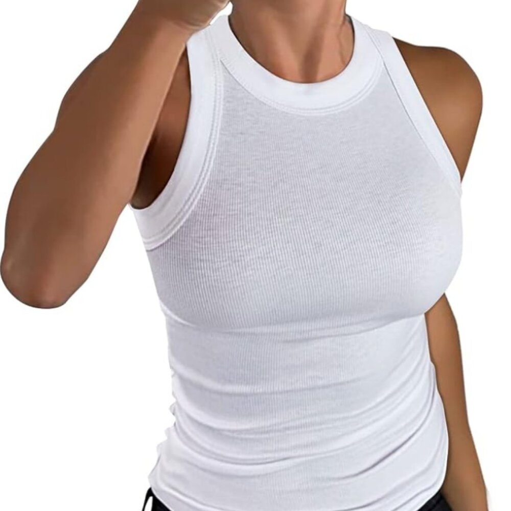 Women's Sleeveless Turtleneck Casual Top Cotton Slim Fit T-Shirt White